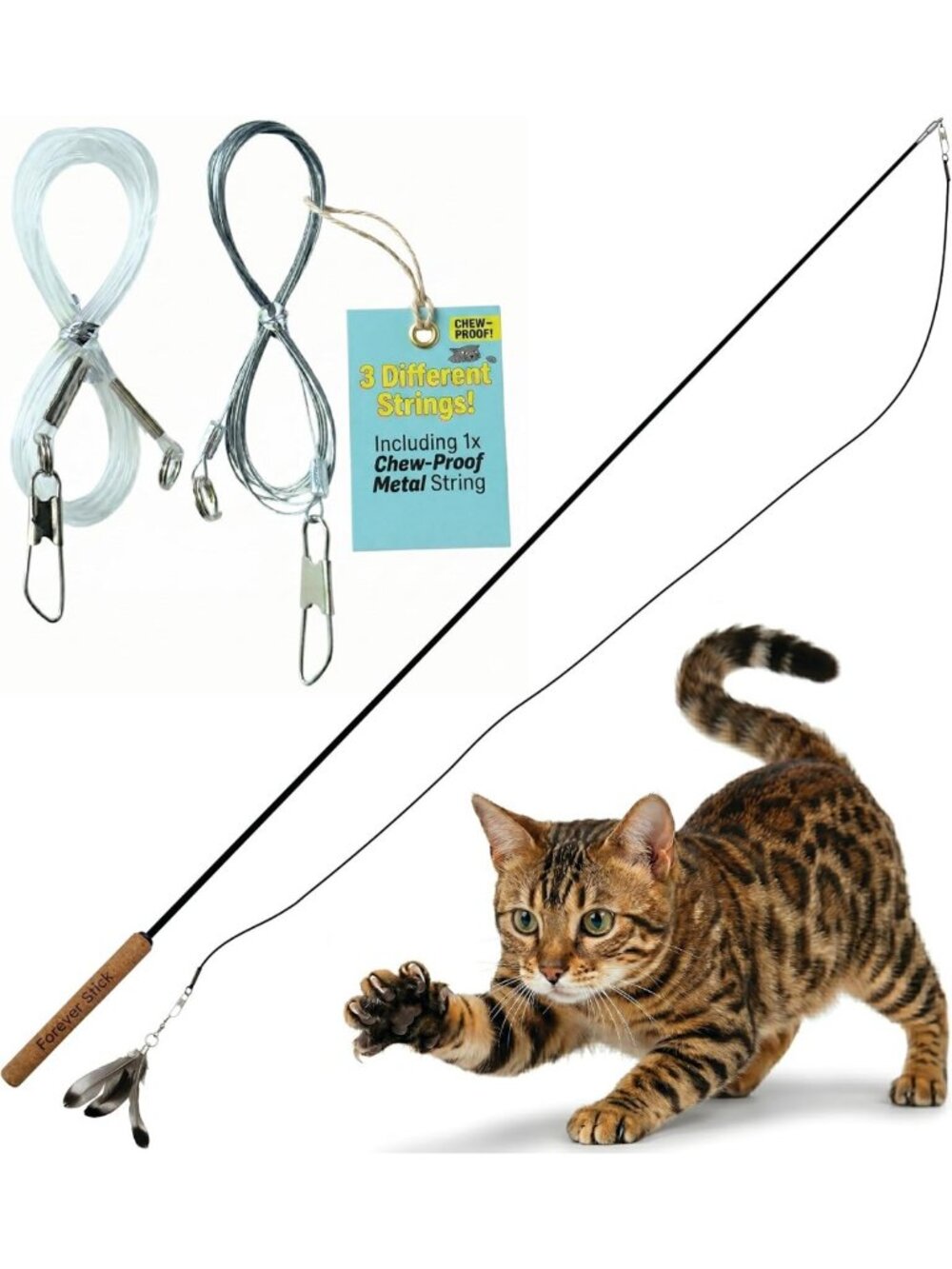 Chew-Proof Cat Wand Toy with 3 Strings - Interactive Play for Active Cats